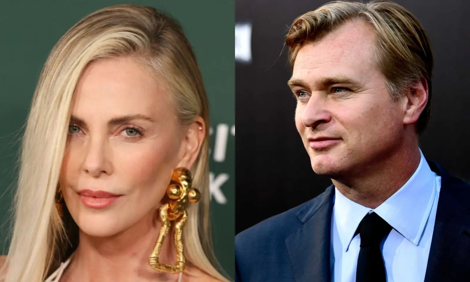 Montagem com imagens de Charlize Theron e Christopher Nolan. A atriz foi confirmada no elenco do novo filme do diretor.