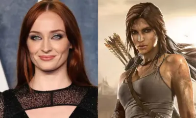 Montagem com fotos da atriz Sophie Turner, cotada para série Tomb Raider, e a personagem Lara Croft