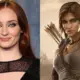 Montagem com fotos da atriz Sophie Turner, cotada para série Tomb Raider, e a personagem Lara Croft