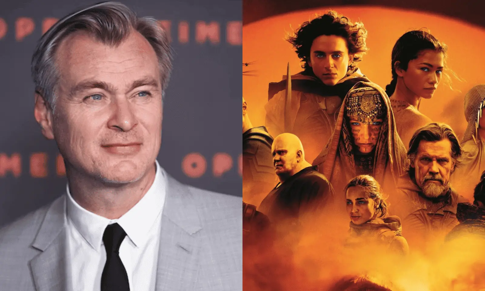 Montagem com o diretor Christopher Nolan e poster de Duna: Parte 2